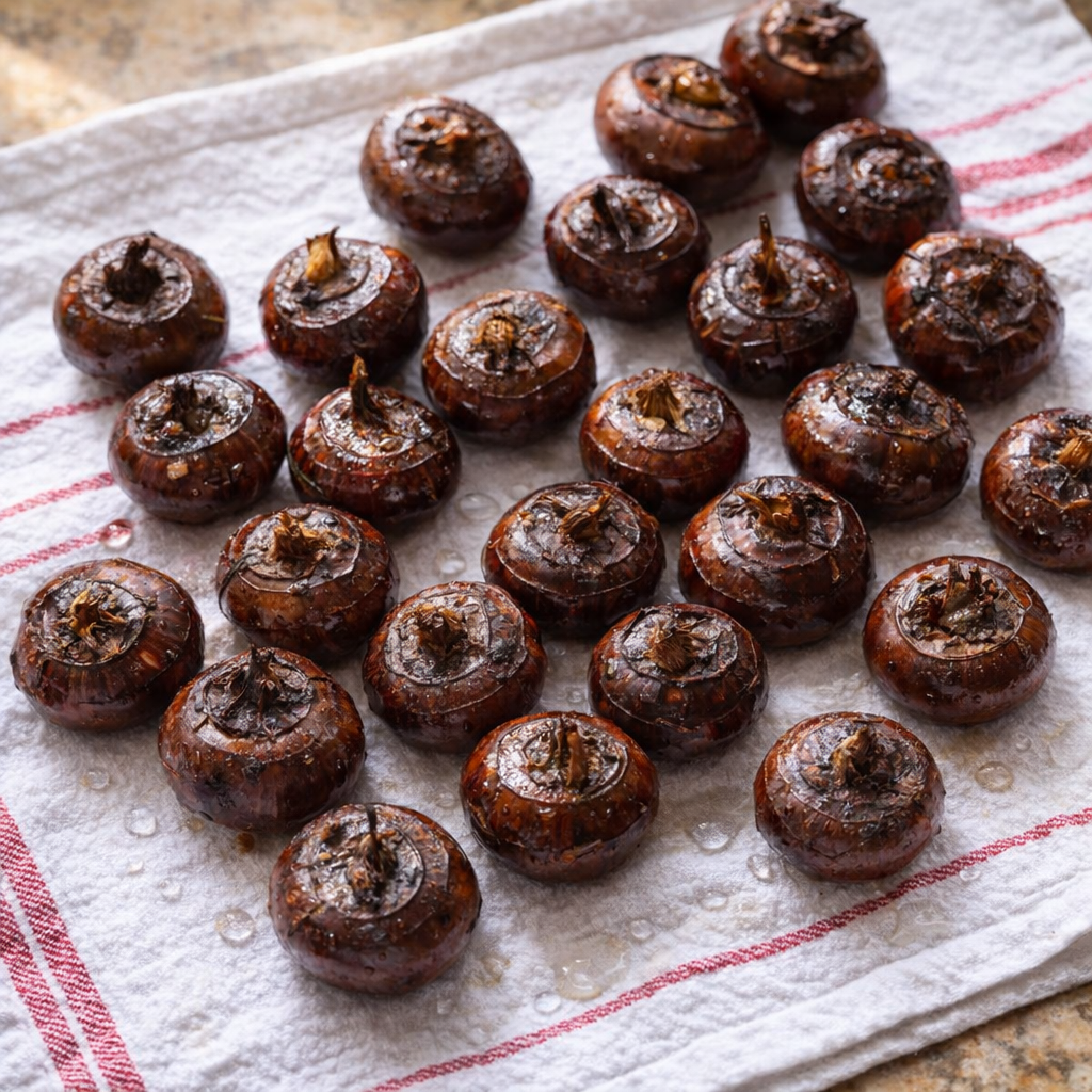 Water chestnuts drying on a kitchen towel before wrapping