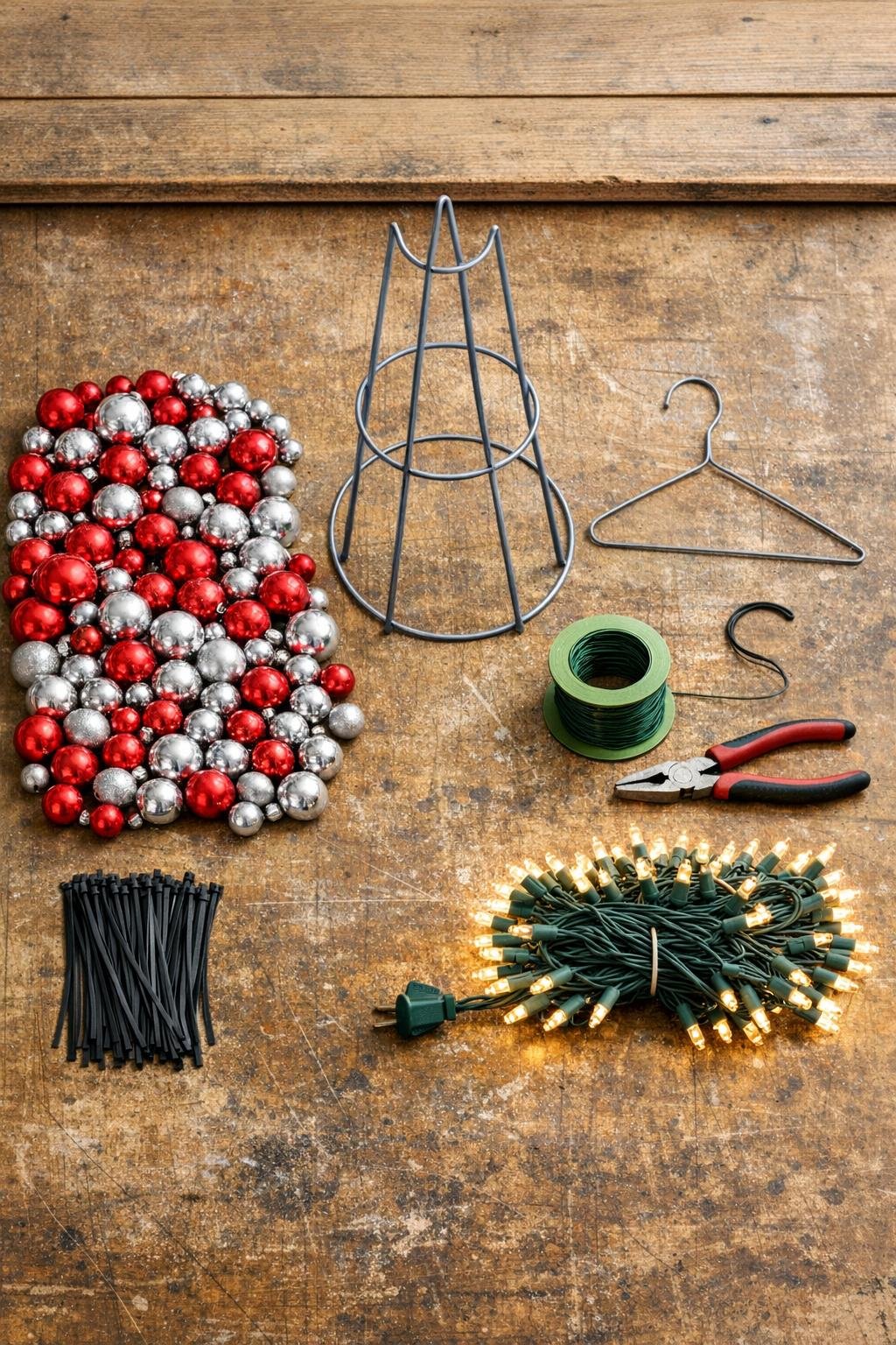 Materials for making an ornament ball porch tree laid out together