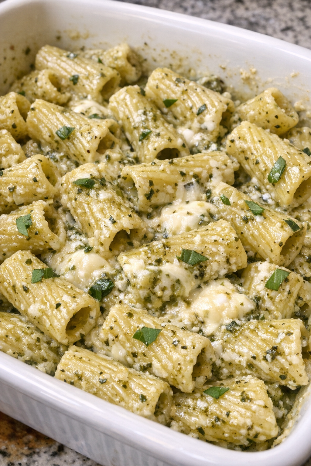 Creamy pesto rigatoni in a white casserole dish