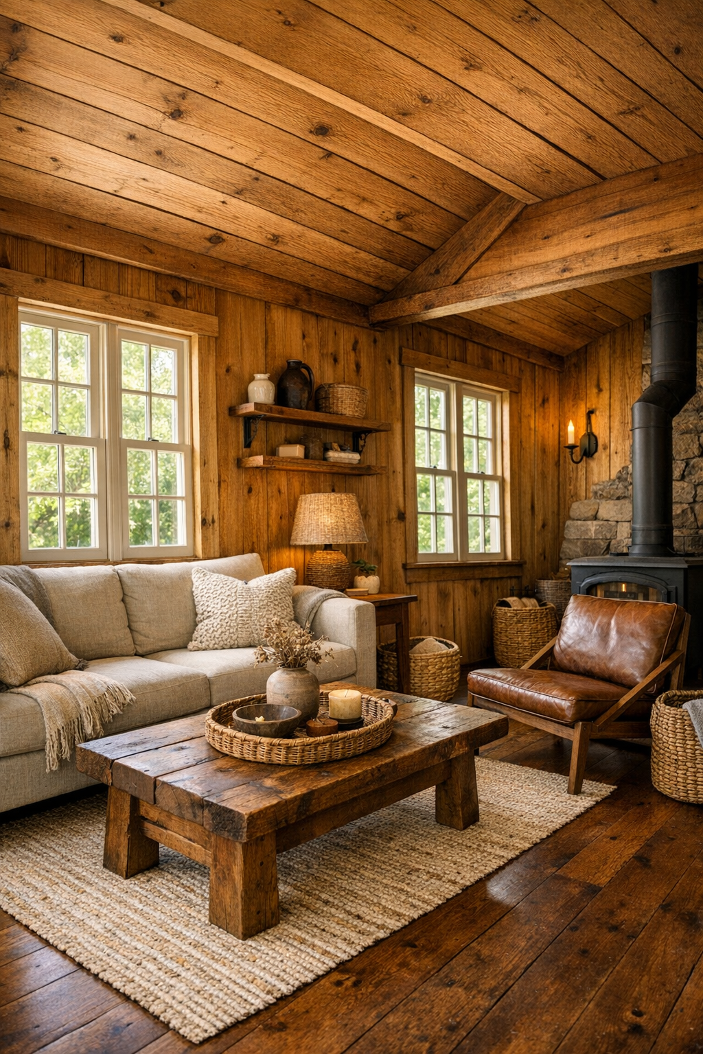 Handcrafted cedar living room with linen seating and warm natural light