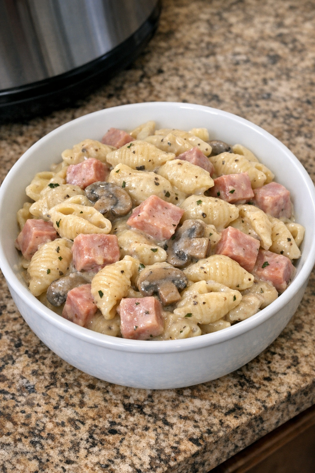 Finished creamy ham mushroom pasta in a bowl