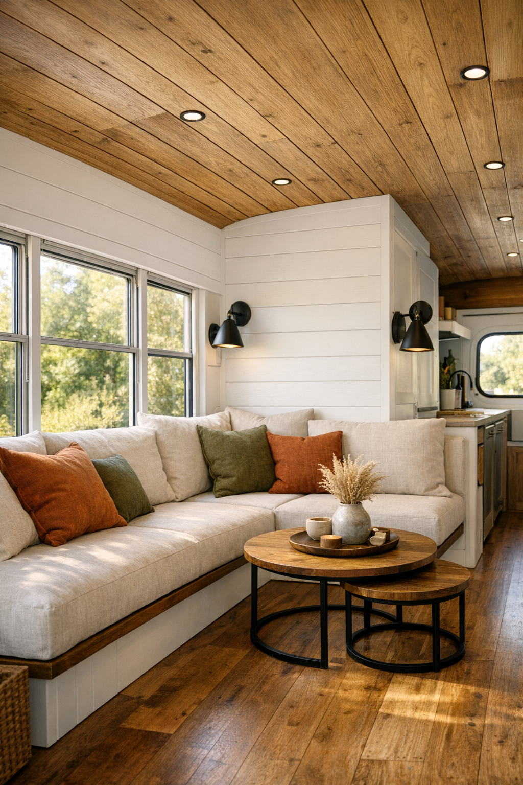 Cozy bus living room with built-in bench seating and warm wood finishes