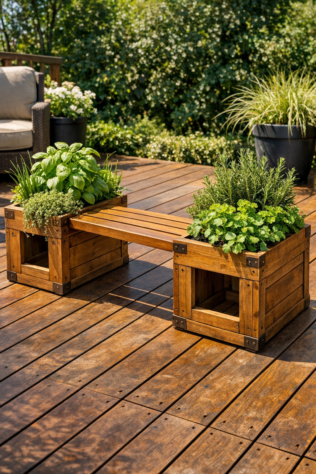 Finished outdoor planter bench made from wooden shipping crates