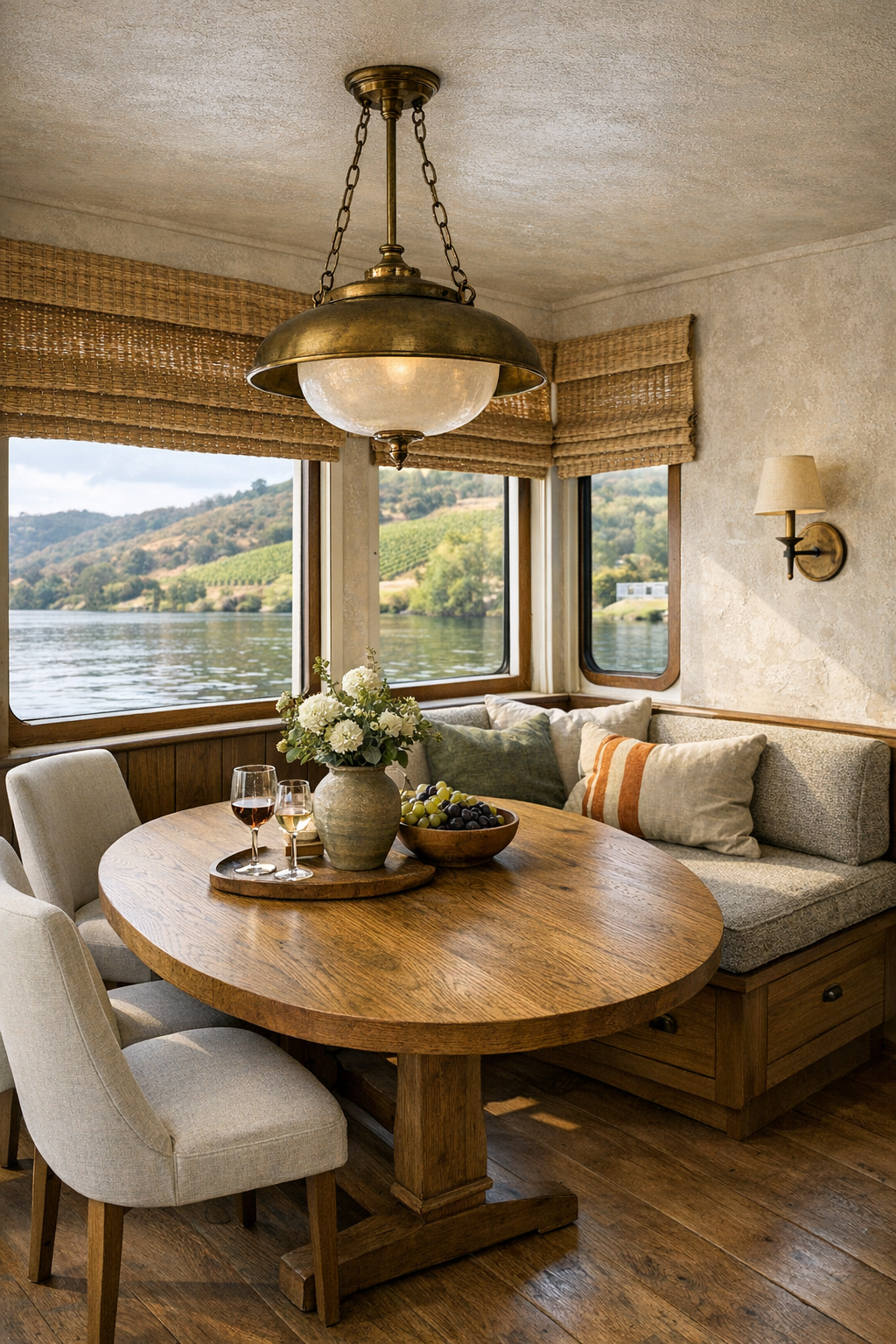 Bright dining room with oval oak table and built-in banquette in a wine country houseboat