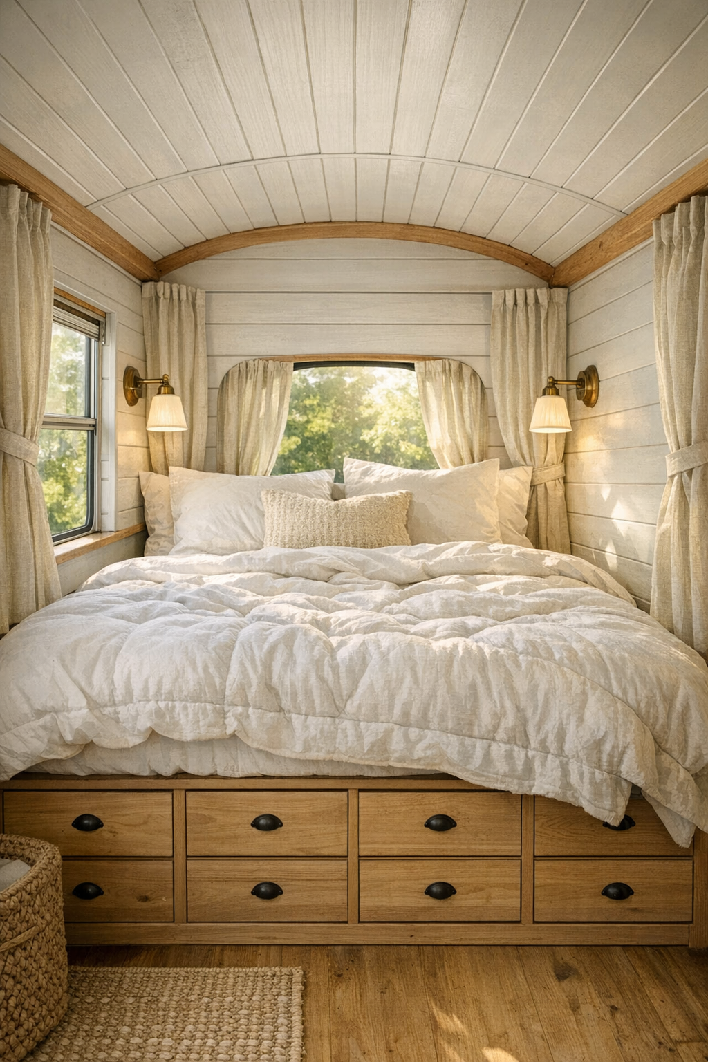 Cozy bedroom at the rear of a converted bus with built-in bed storage and soft summer textiles