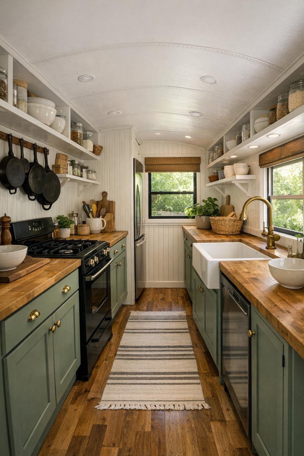 Spacious bus kitchen with sage cabinets, butcher-block counters, and farmhouse sink