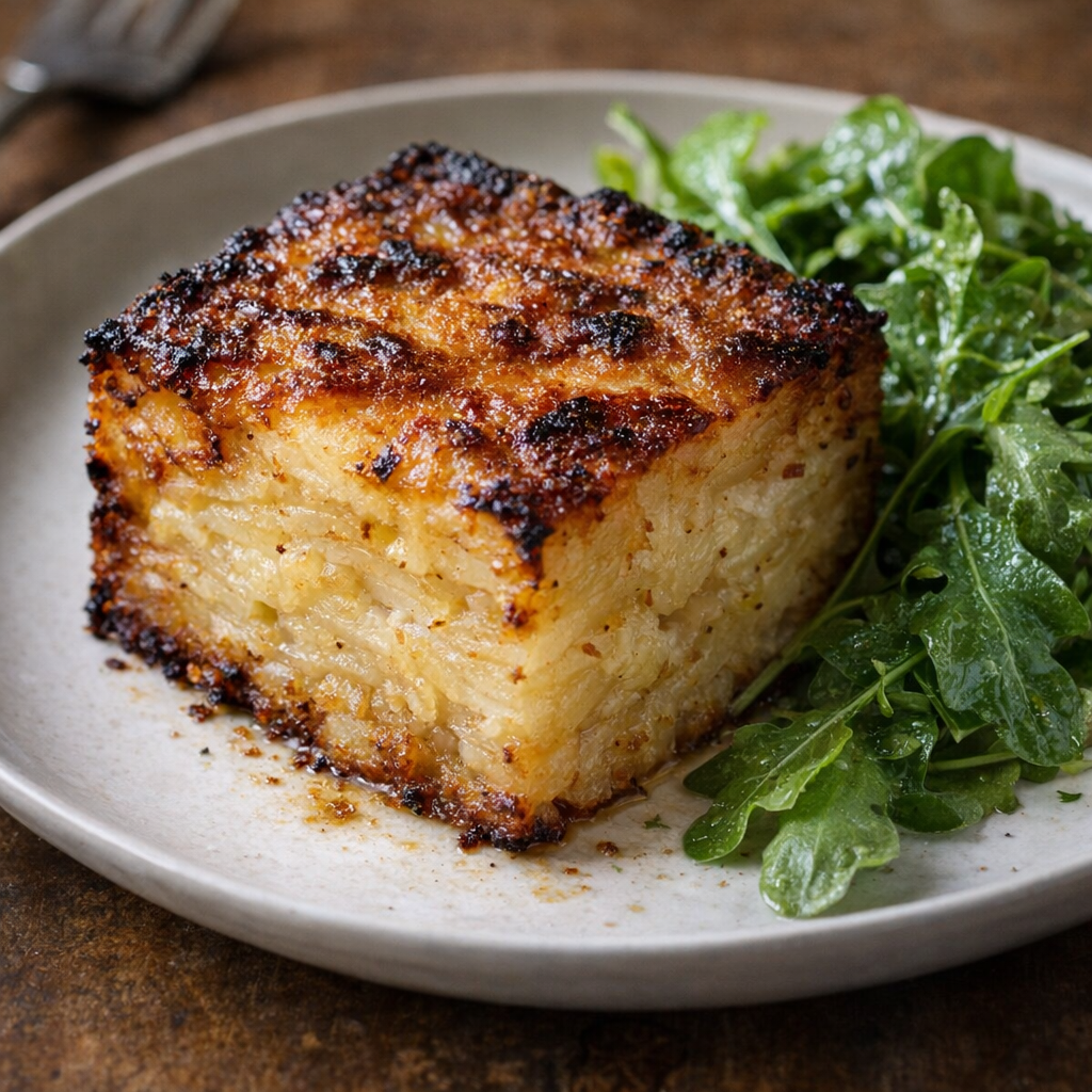 A cut square of potato bake plated with simple greens