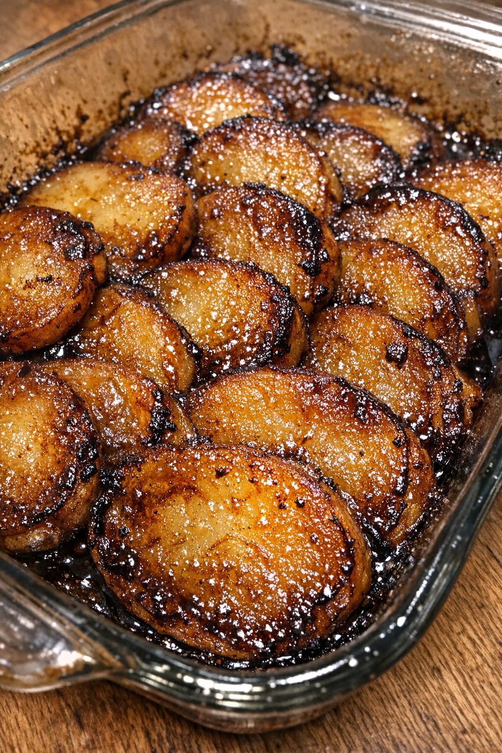 Golden caramelized potato slices with sticky molasses glaze in a glass baking dish