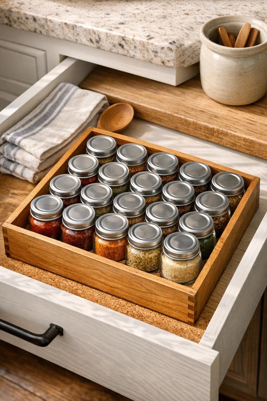 Finished spice drawer organizer made from baby food jars in a cork-lined wooden tea box
