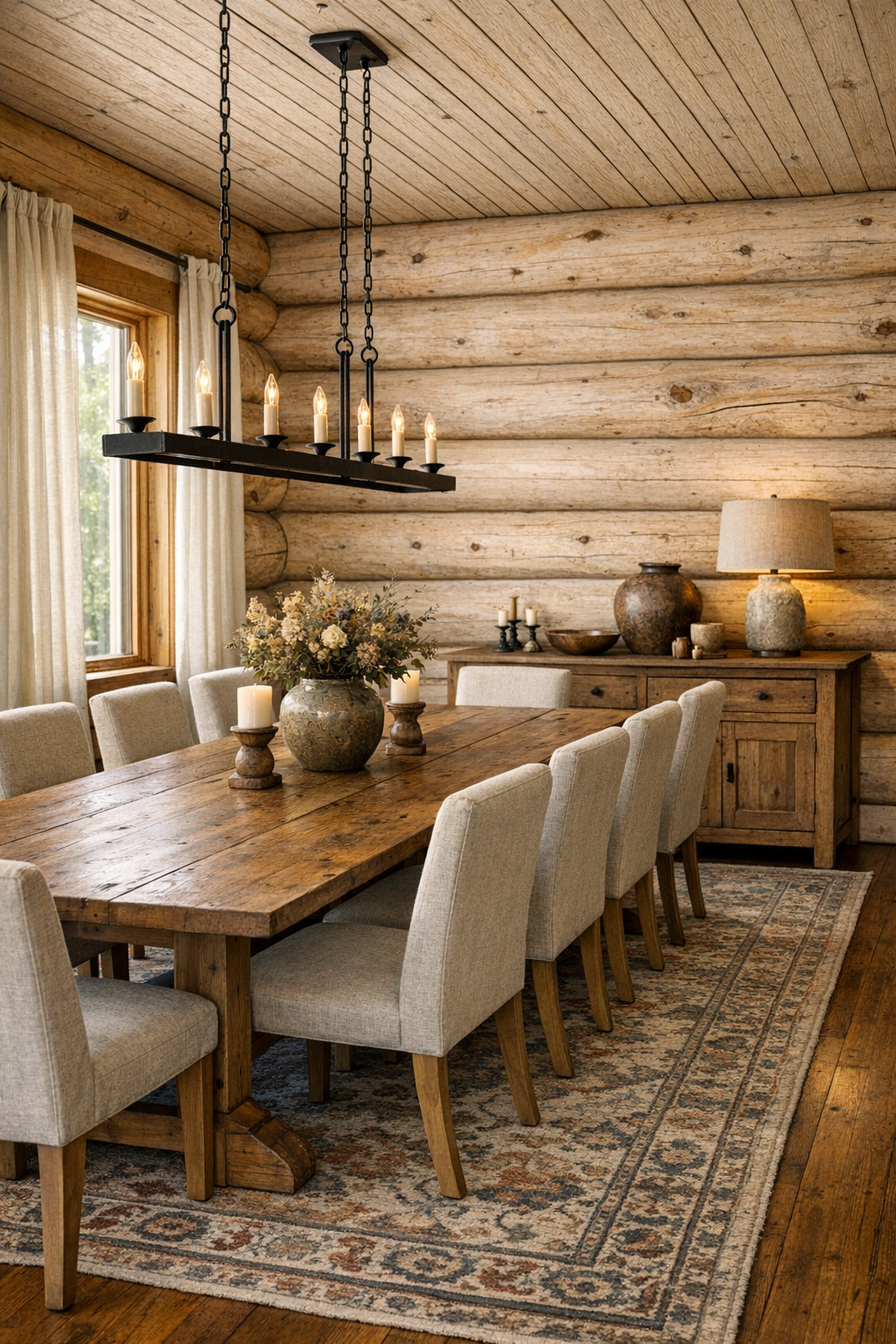 Warm dining room with solid wood table, upholstered chairs, and iron chandelier