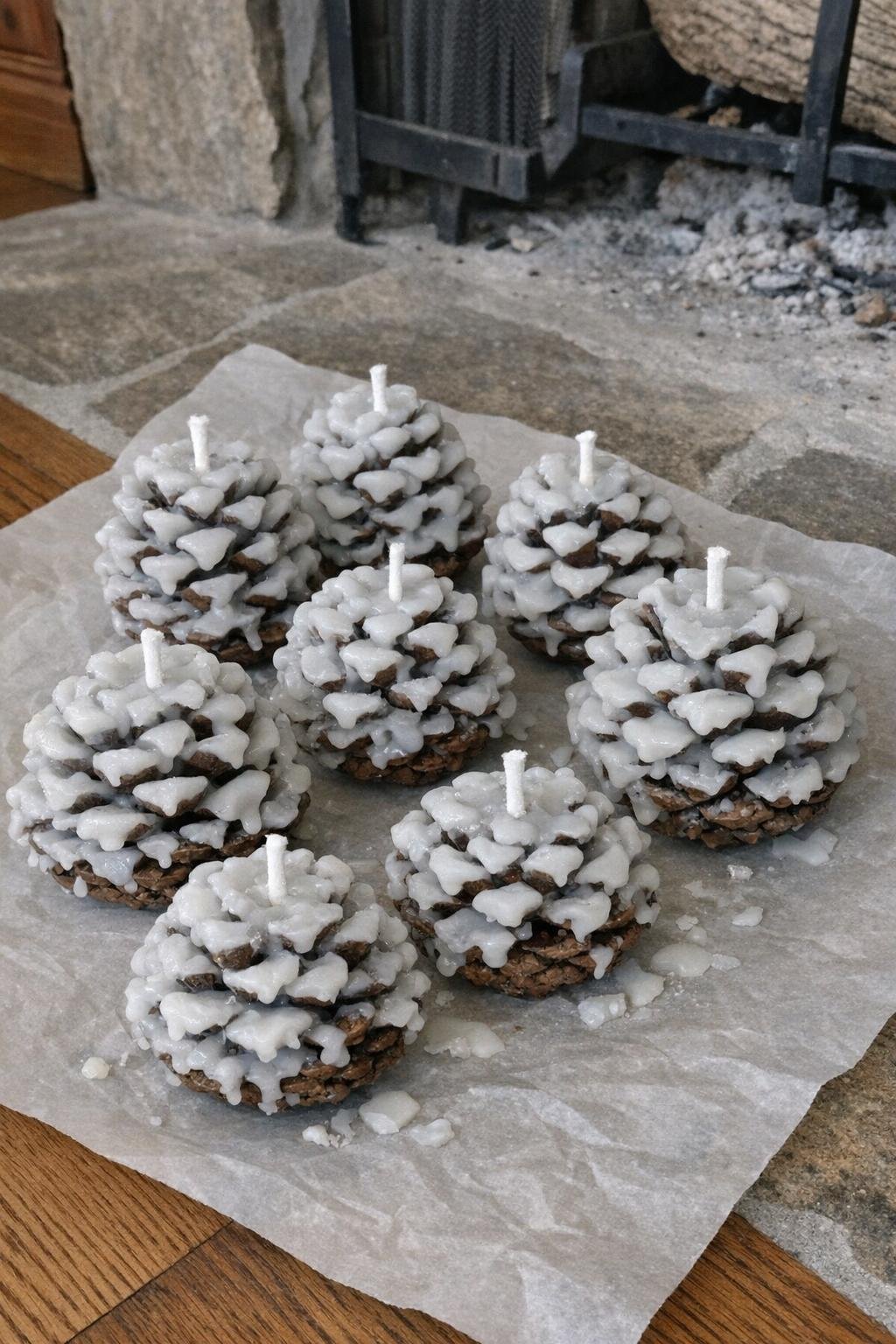 Wax-dipped pine cone fire starters with short wicks