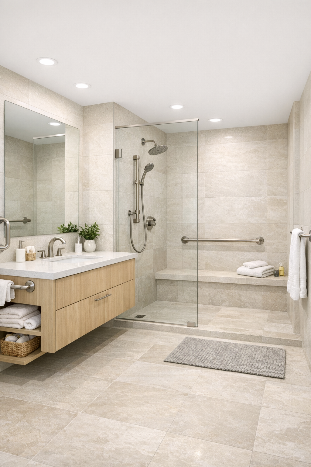 Spa-like accessible bathroom with limestone-toned tile and a curbless shower