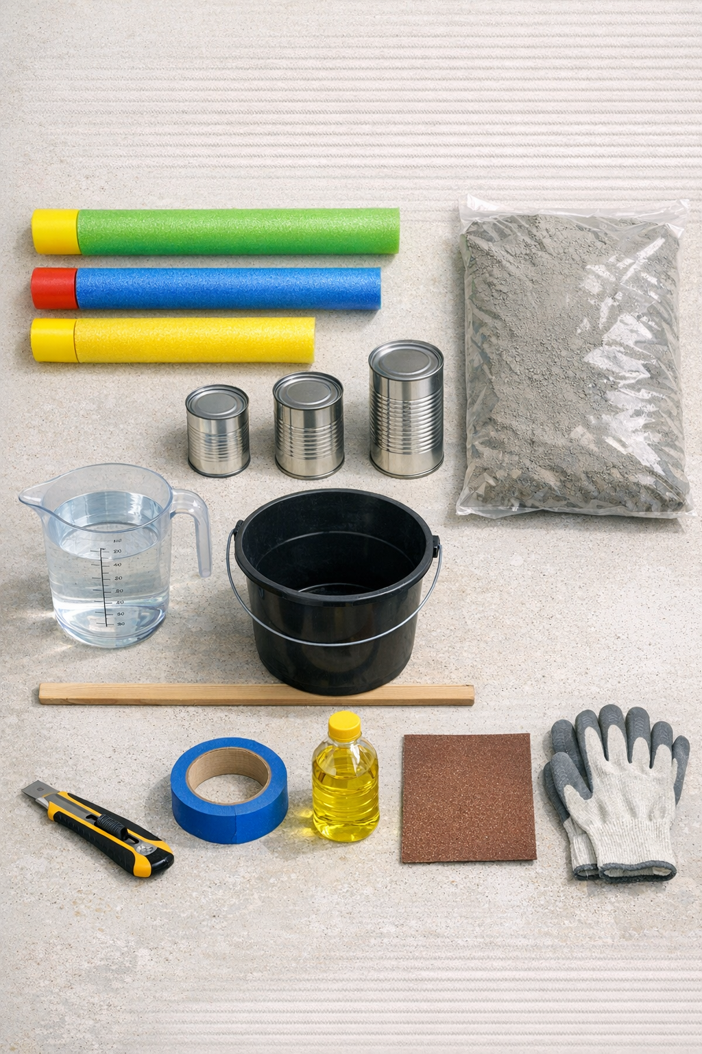 Materials for making cylindrical cement yard blocks laid out on a worktable