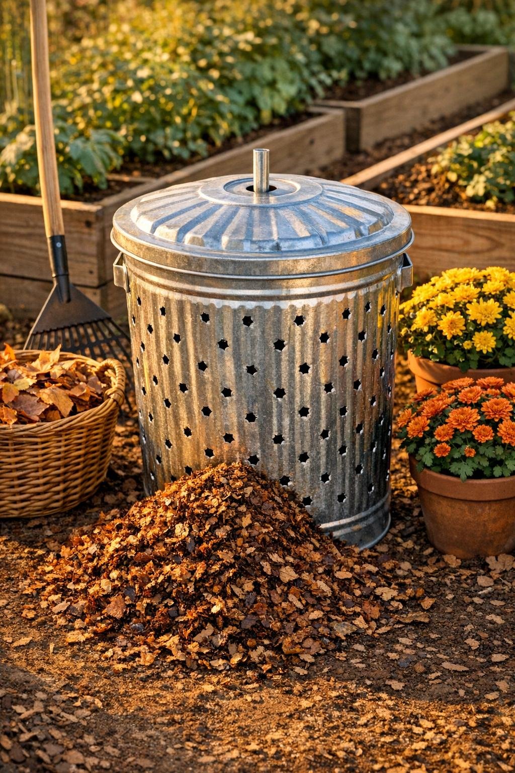 Finished galvanized trash can leaf mulch shredding bin in a garden