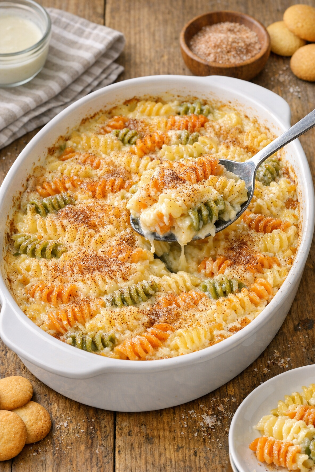 Finished baked sweet tri-color rotini dessert in a ceramic casserole dish