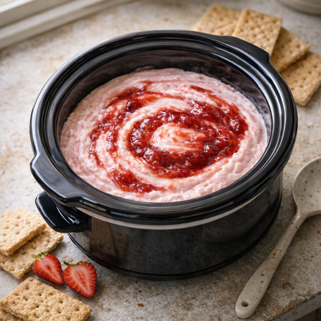 Slow cooker strawberry cheesecake dip on a country kitchen counter