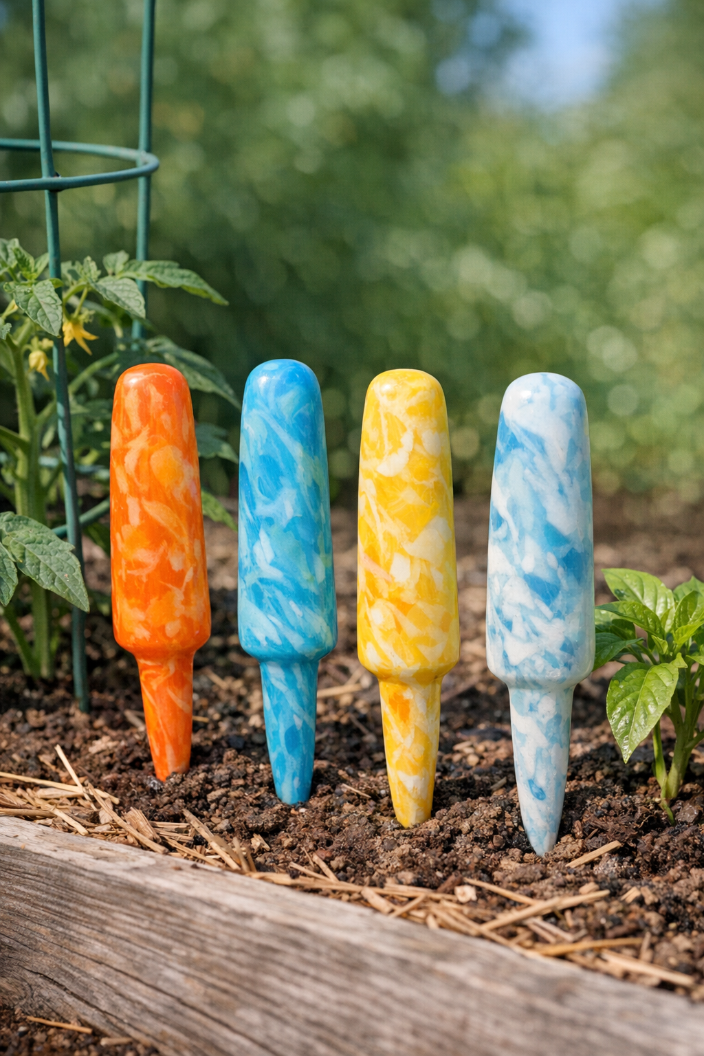 Finished shatterproof garden stakes made from melted sunscreen bottles in a garden bed