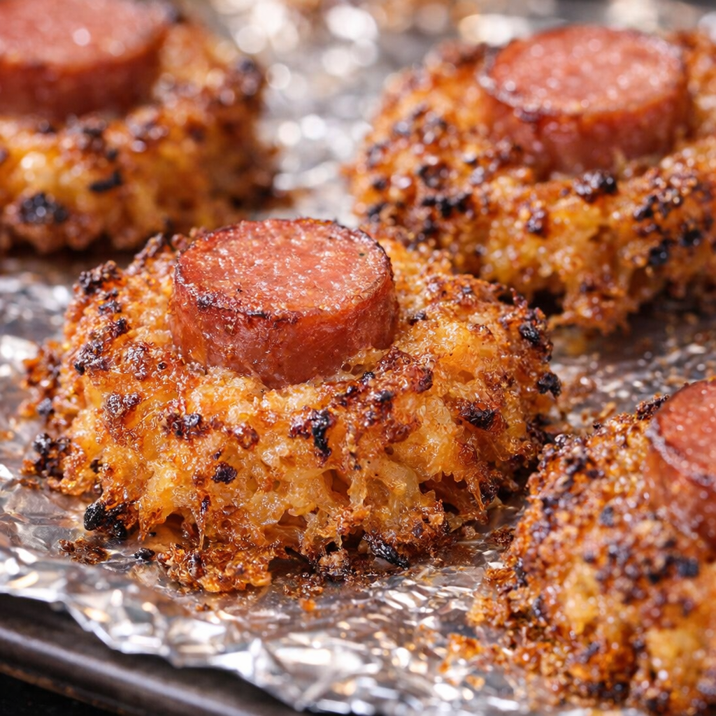 Extra-crispy individual cheddar hot dog bites with cheese skirts