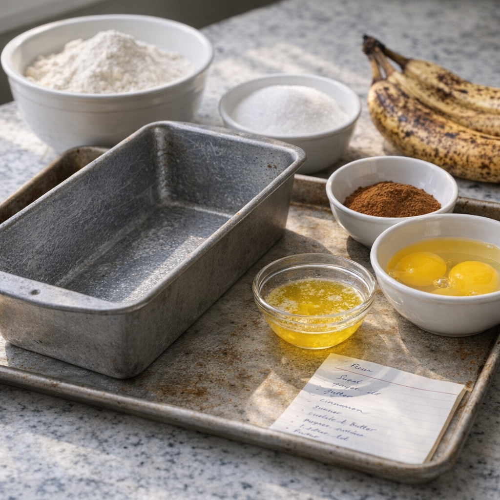 Loaf pan and baking ingredients set out for banana bread