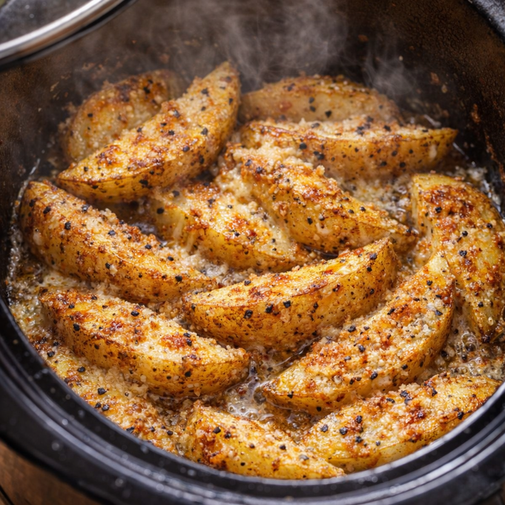 Parmesan potato wedges cooking inside a slow cooker