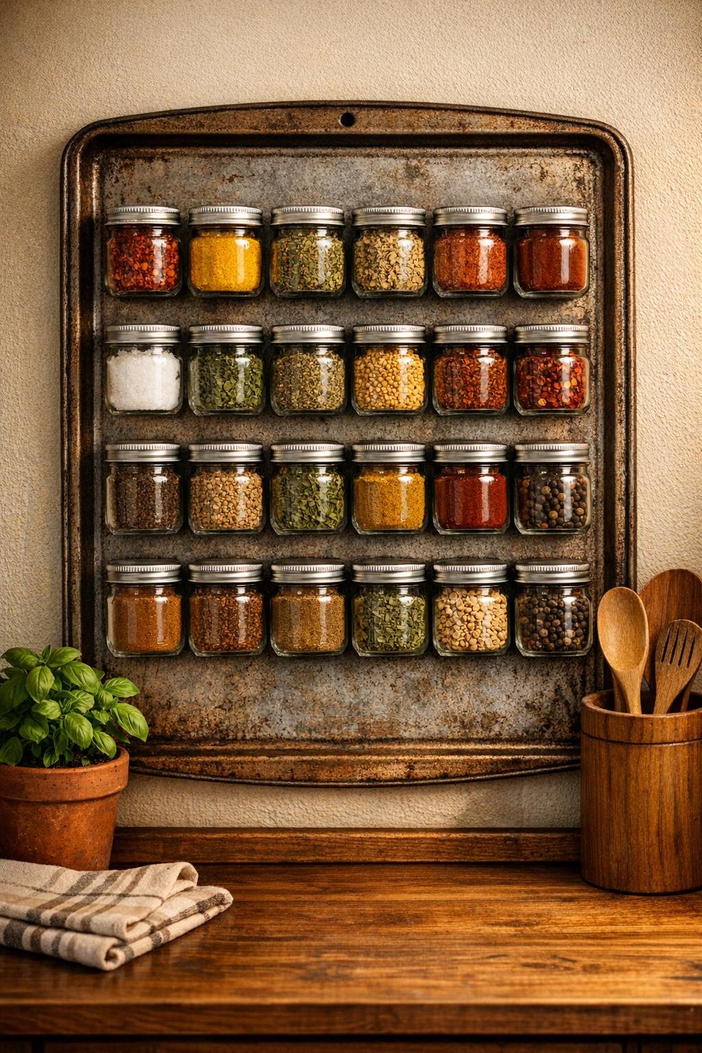 Finished magnetic spice rack made from mason jars and a rustic baking sheet on a kitchen wall