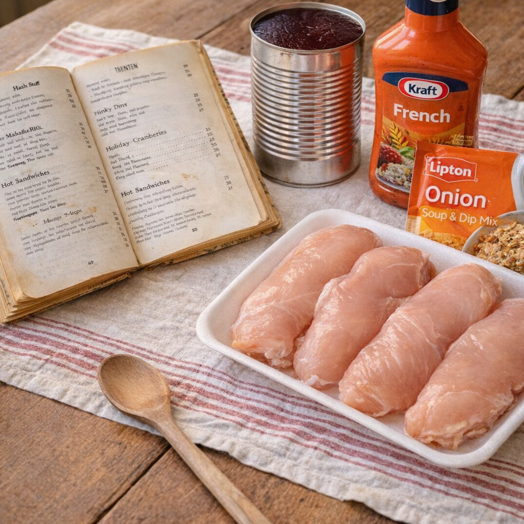 Vintage church cookbook beside pantry ingredients for cranberry chicken