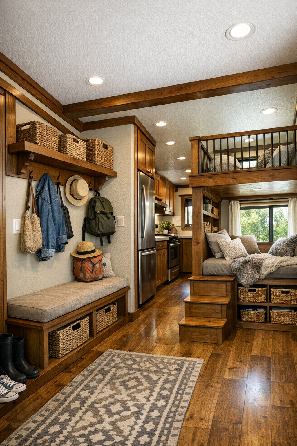 Smart entry and loft area with built-in storage, hooks, and cozy window nook