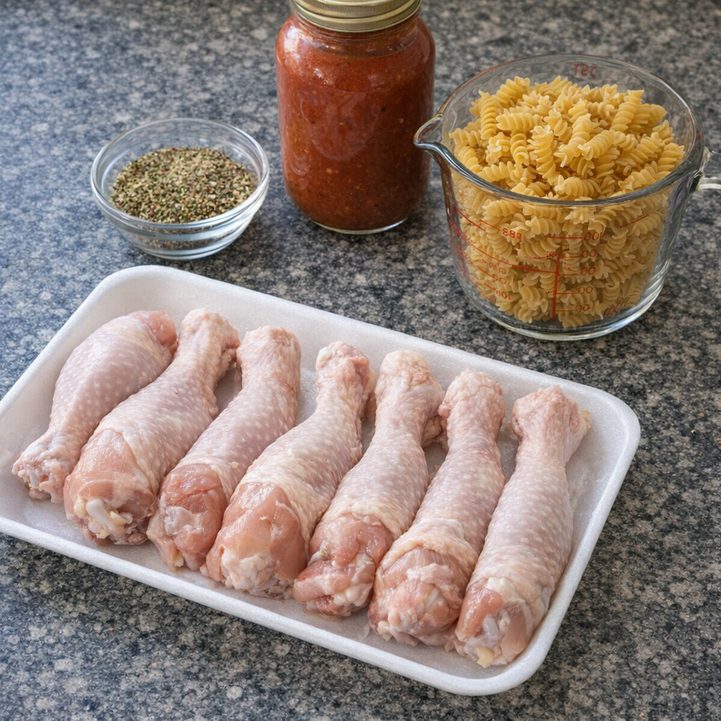 Slow cooker chicken rotini ingredients on a kitchen counter