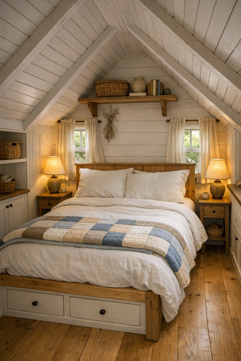 Peaceful bedroom with sloped ceilings, quilted bedding, and built-in storage