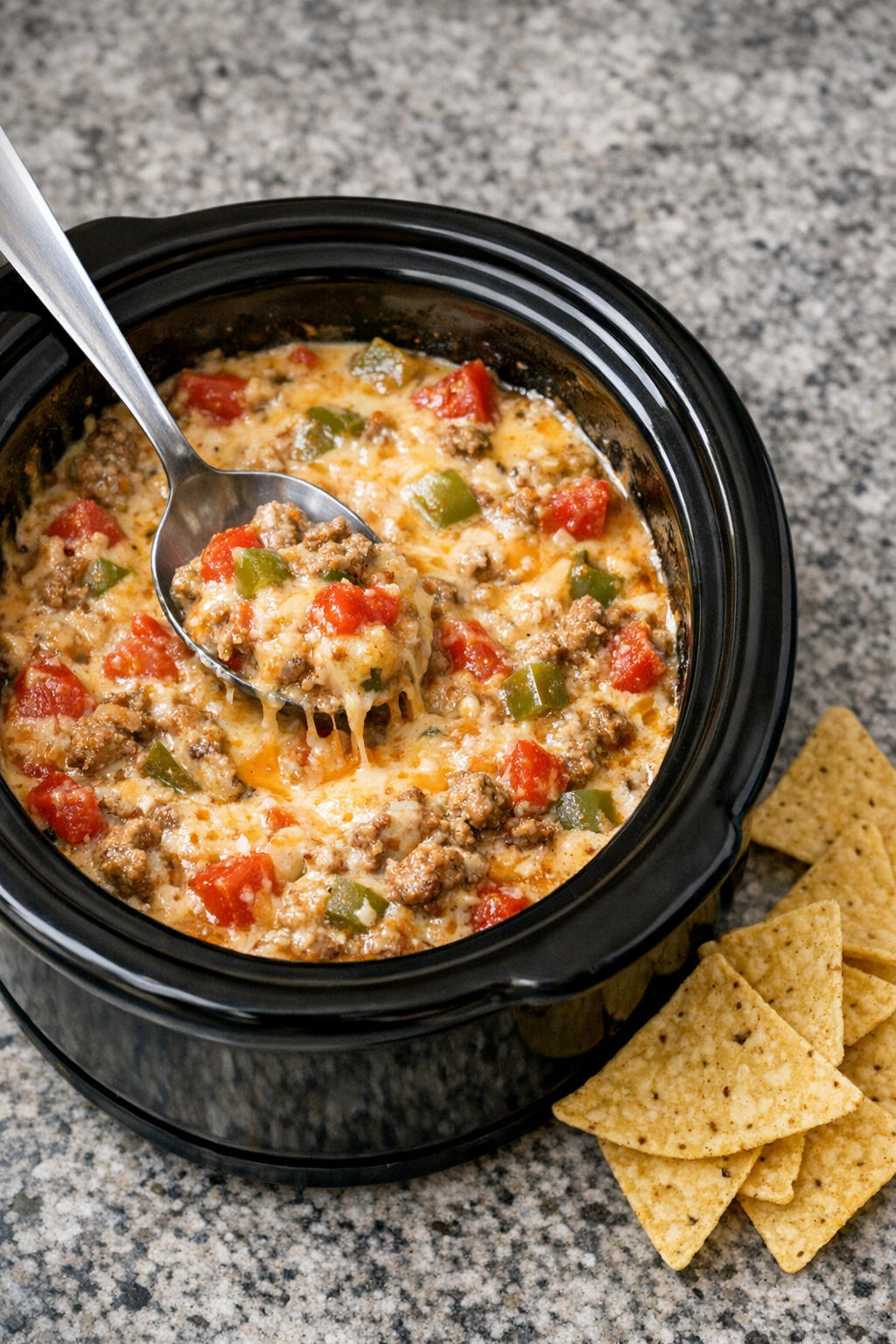 Finished stuffed pepper dip in a slow cooker