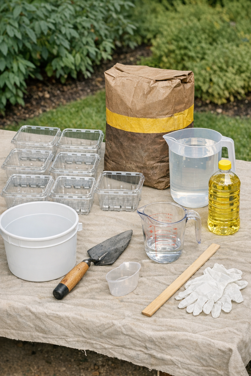 Materials for making grooved cement yard blocks laid out on a work surface