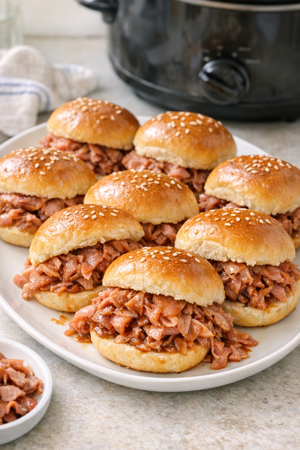 Finished shaved ham sliders on a serving platter