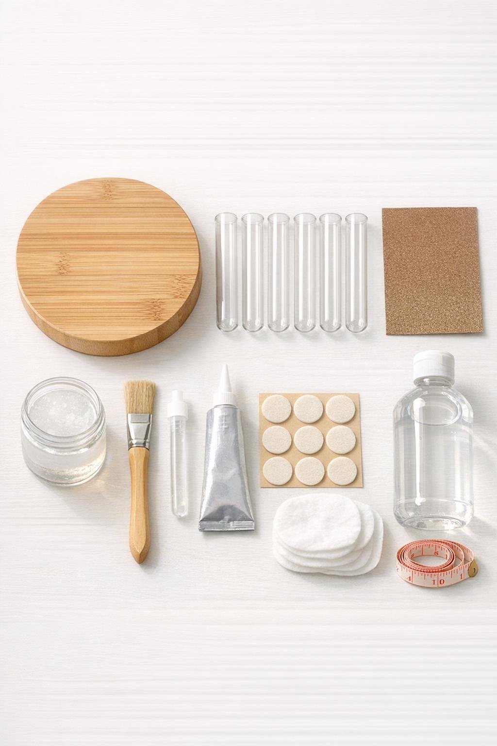 Materials laid out for a bamboo spice rack test tube toothbrush holder