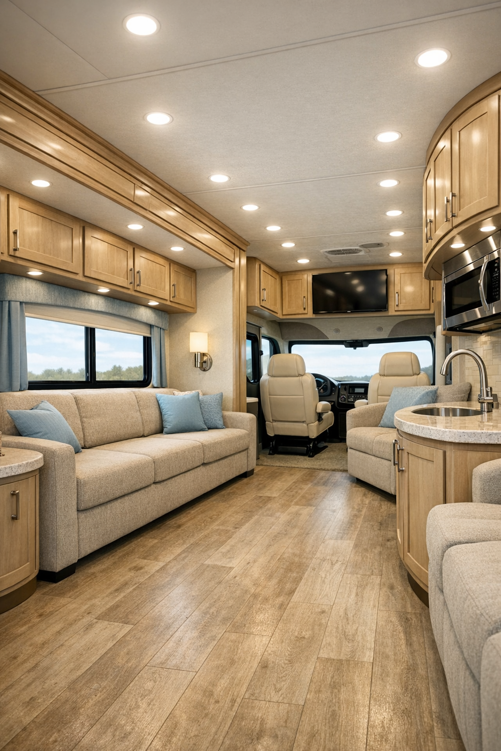 Accessible RV camper living room with soft blue accents and pale wood cabinetry