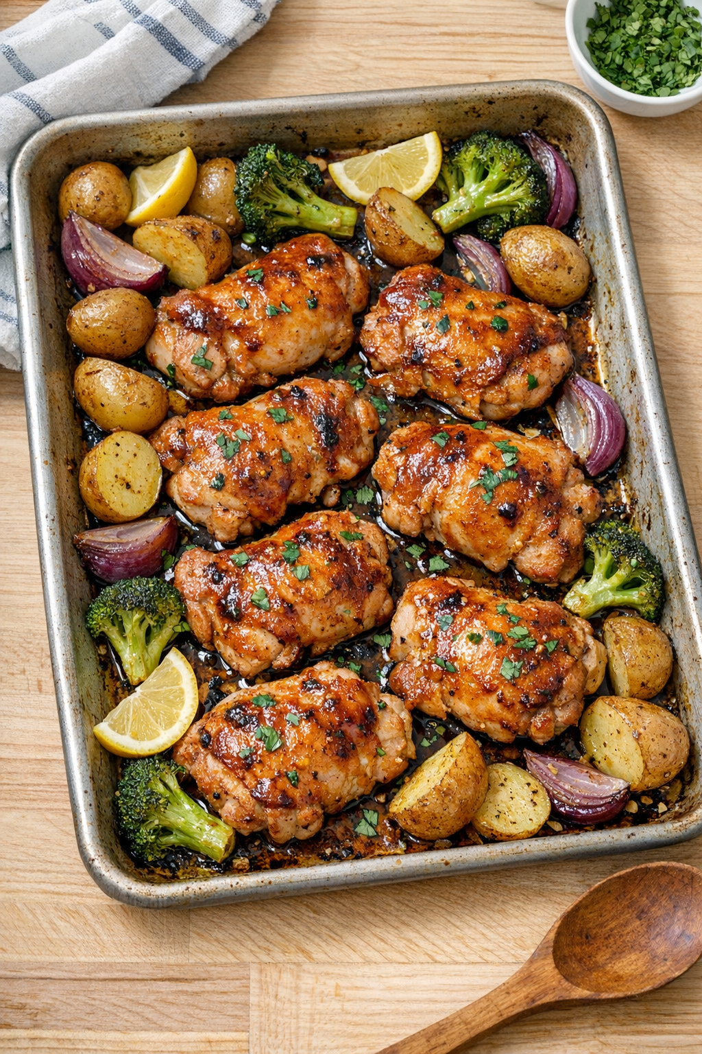 Finished baked chicken thighs on a sheet pan