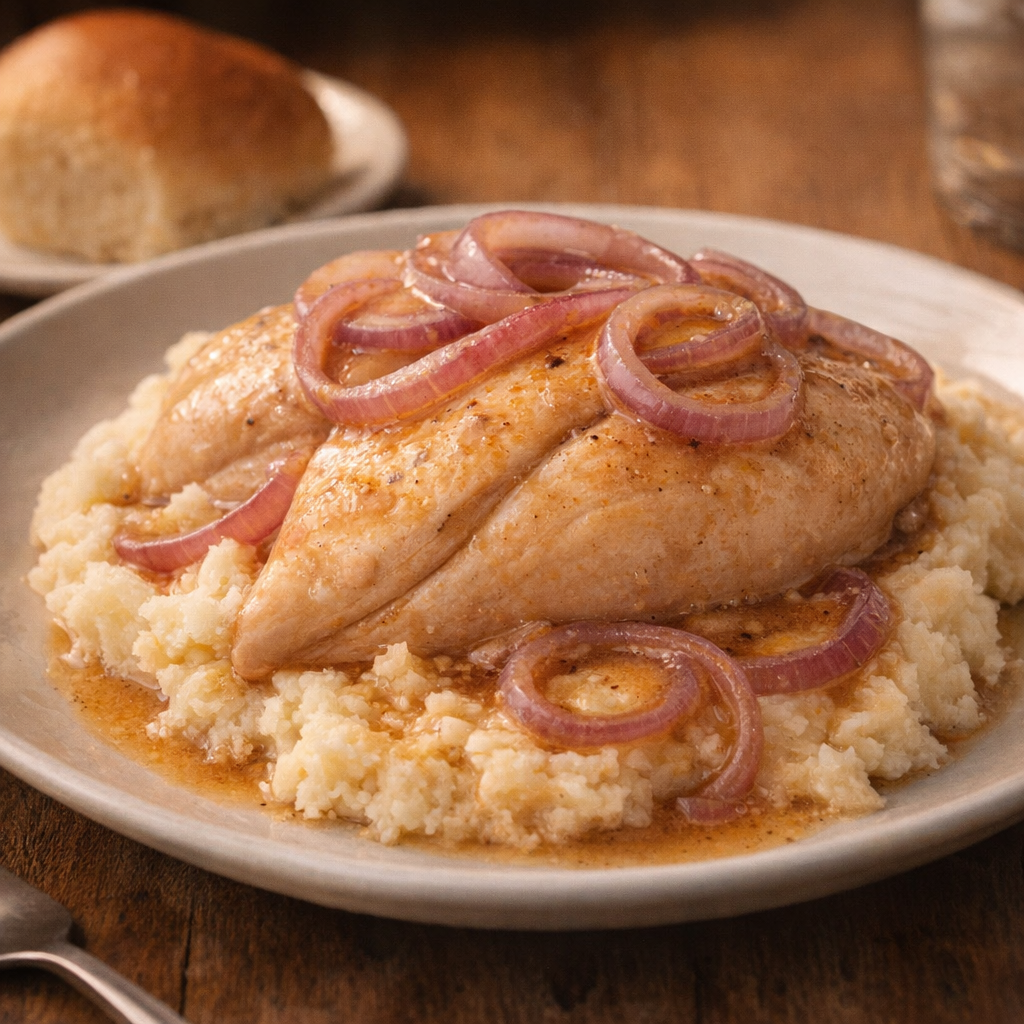 Served slow cooker chicken over mashed potatoes with onions and juices