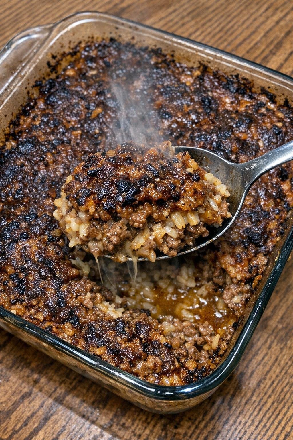 Savory browned beef bake in a glass baking dish