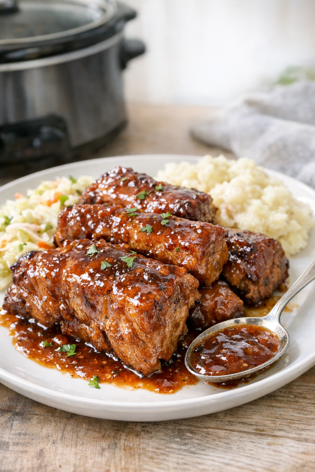 Finished country-style pork ribs plated with sauce