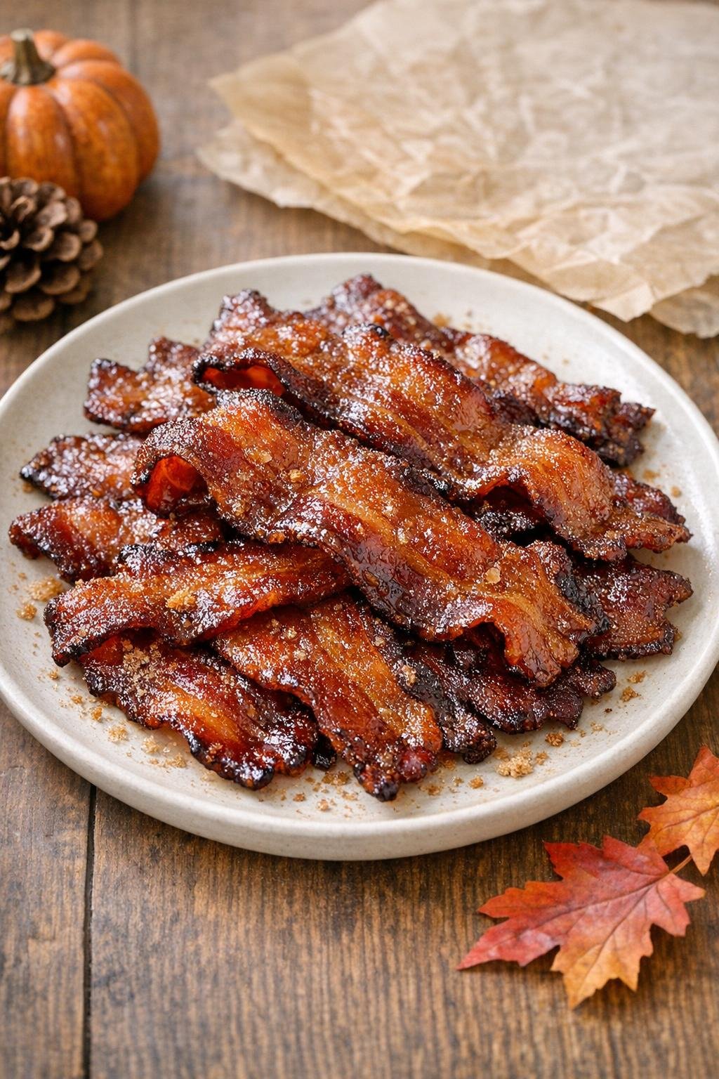 Candied baked bacon dessert on a serving plate