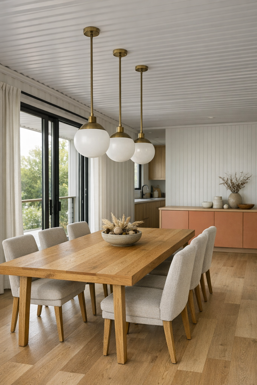 Accessible dining room with oak table, flax chairs, and clay-toned built-in storage