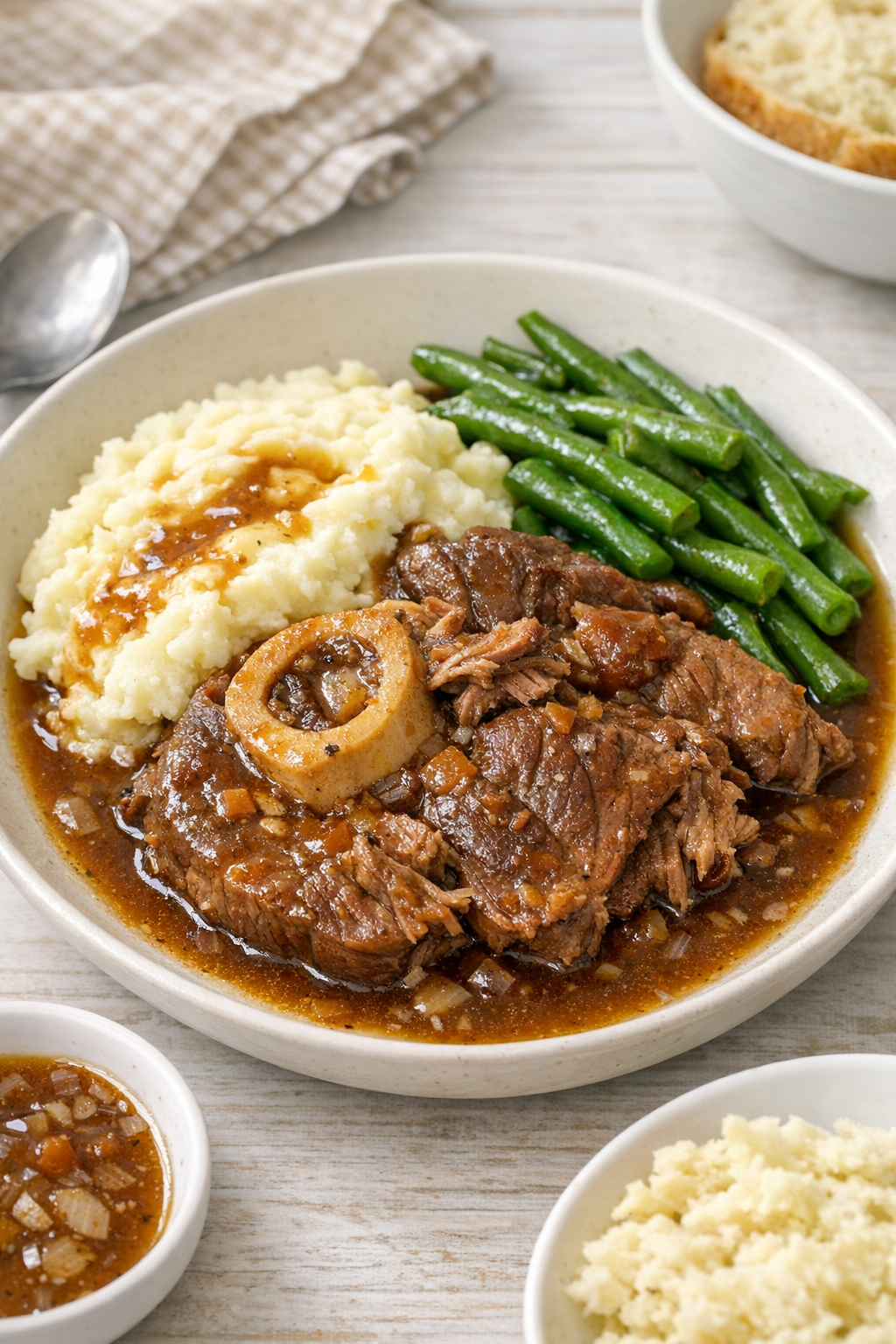 Finished slow cooker beef shank plated with sauce