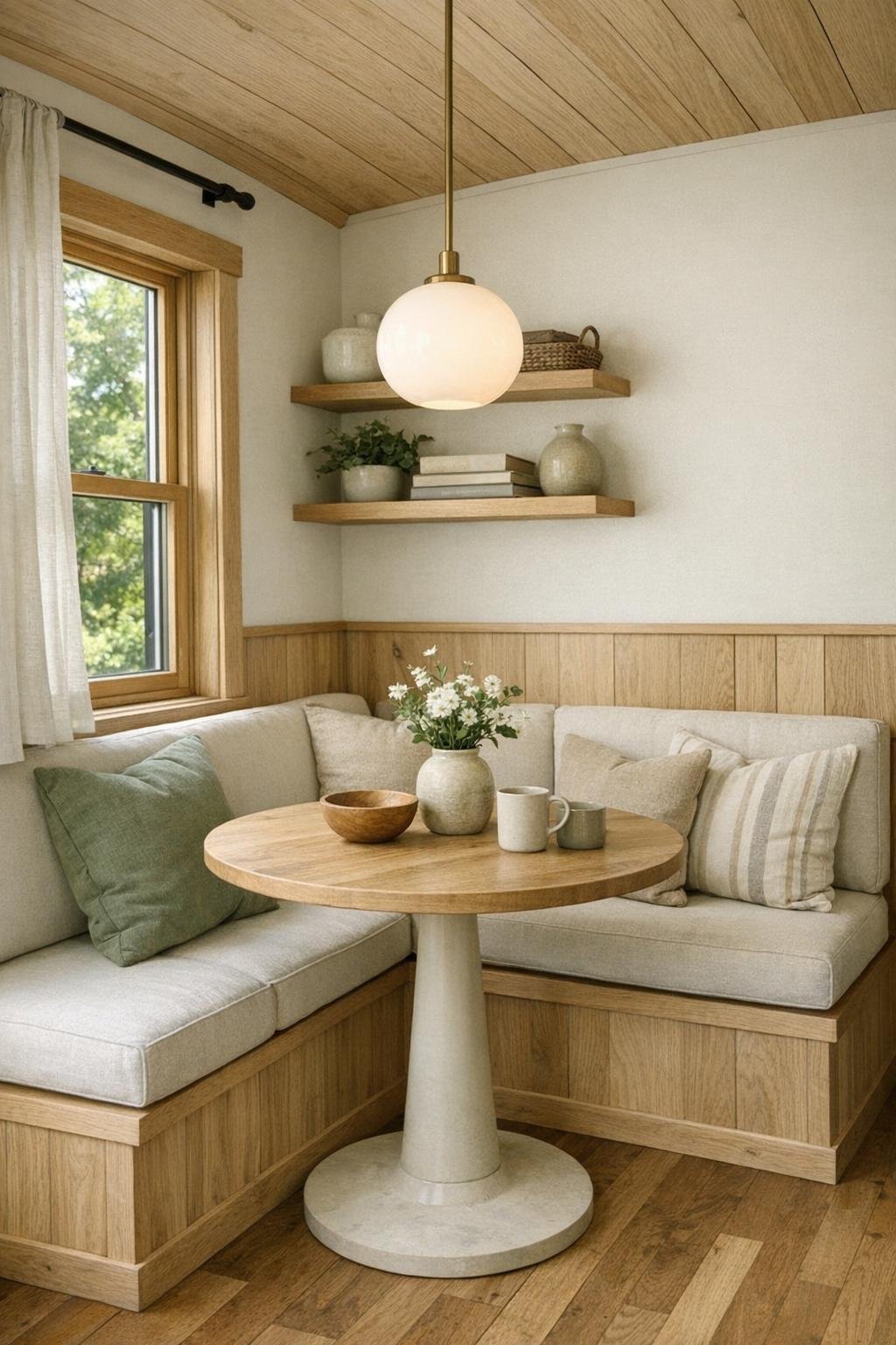 Compact dining nook with built-in banquette and round pedestal table