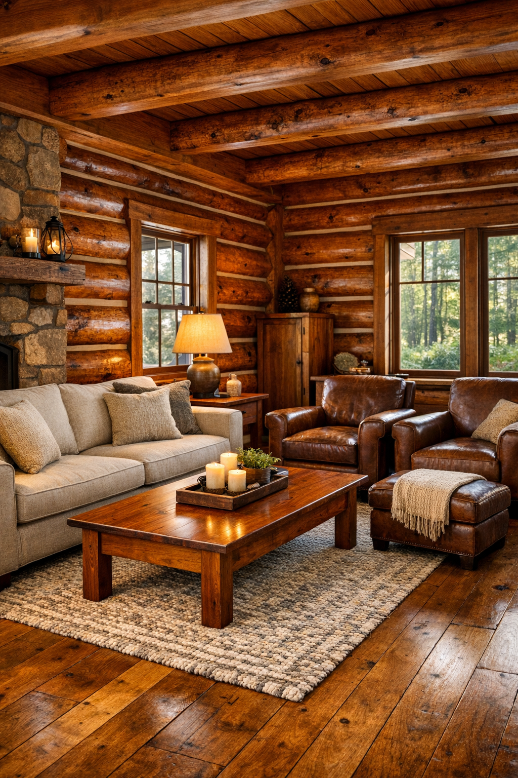 Living room with black cherry log walls, exposed beams, and warm handcrafted furnishings
