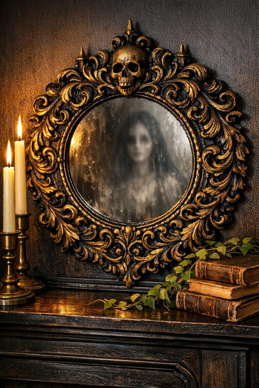 Finished haunted Victorian wall mirror with black and gold antique-style frame