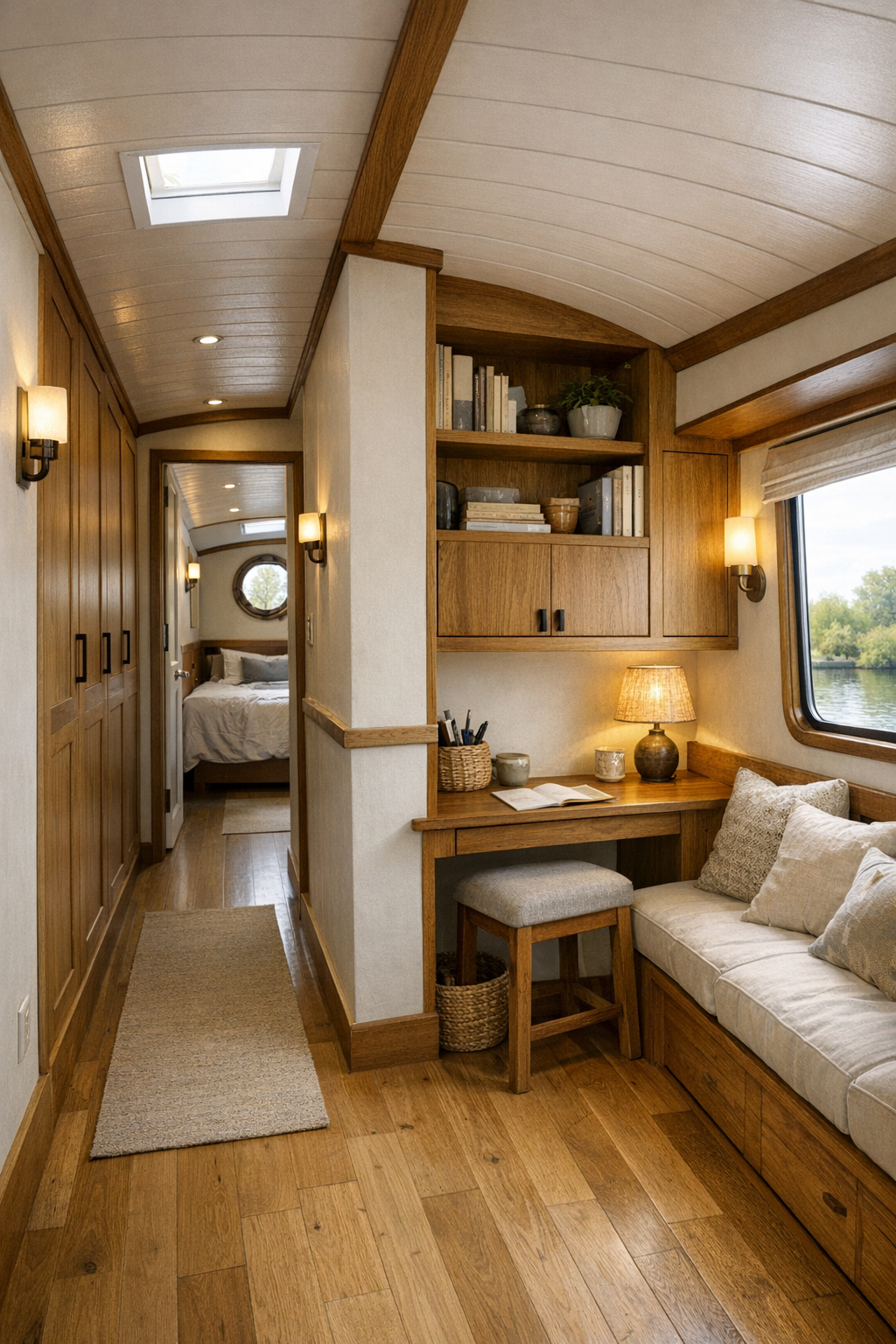Hallway and multipurpose nook on a Dutch barge with built-in storage, warm lighting, and a small window seat