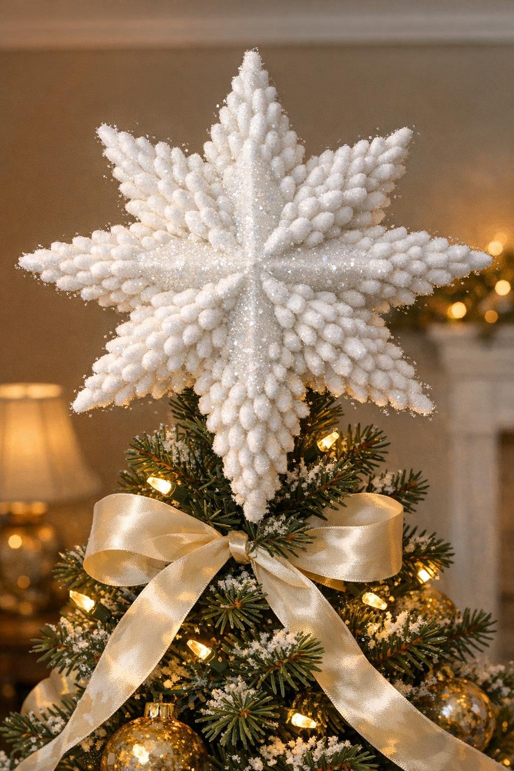 Finished snowy starburst tree topper made from a foam star and cotton swabs on top of a Christmas tree