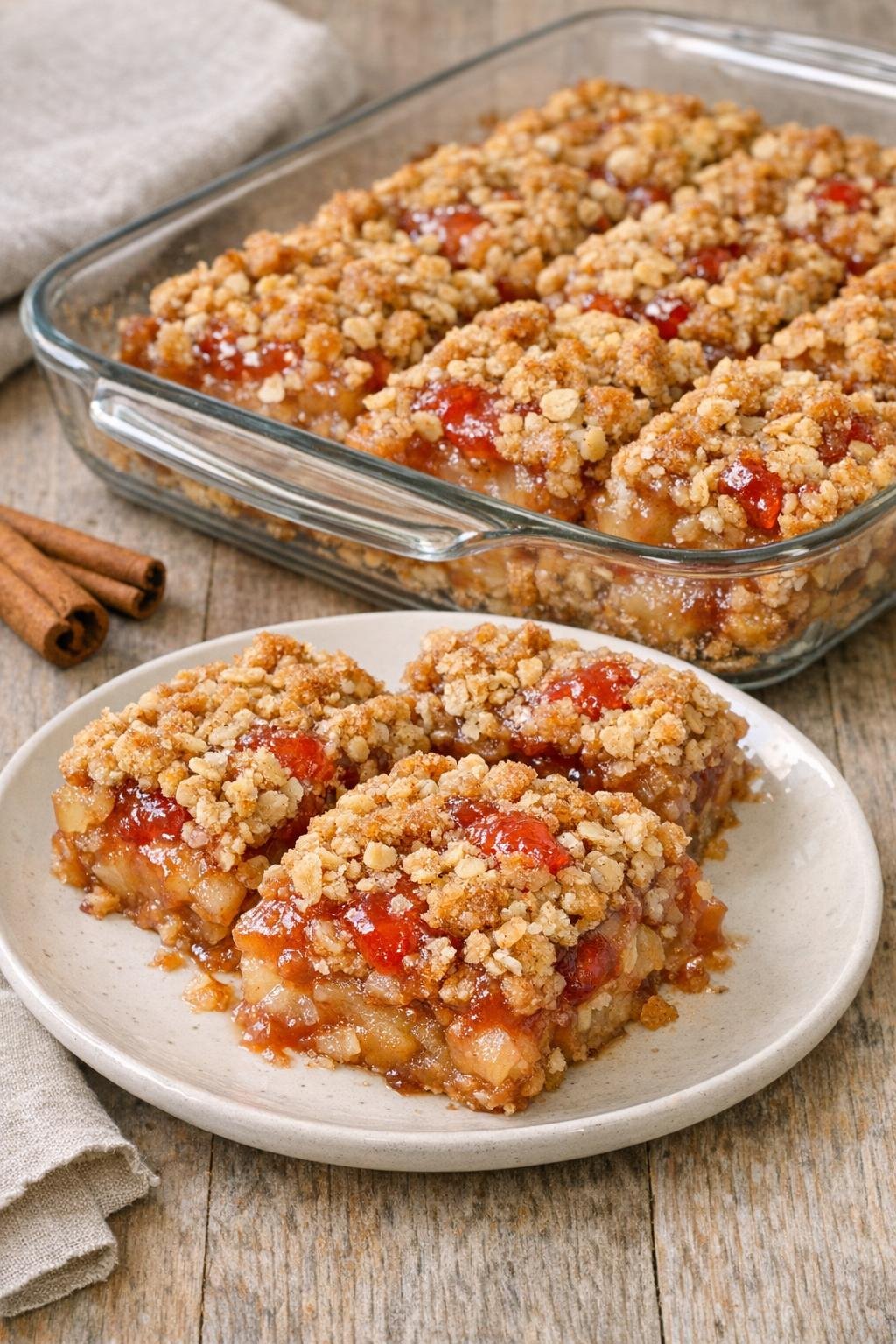 Finished cinnamon apple crisp bars on a plate