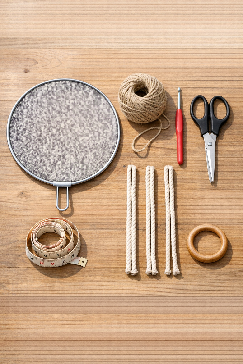 Materials for making a jute twine hanging fruit basket from a splatter screen