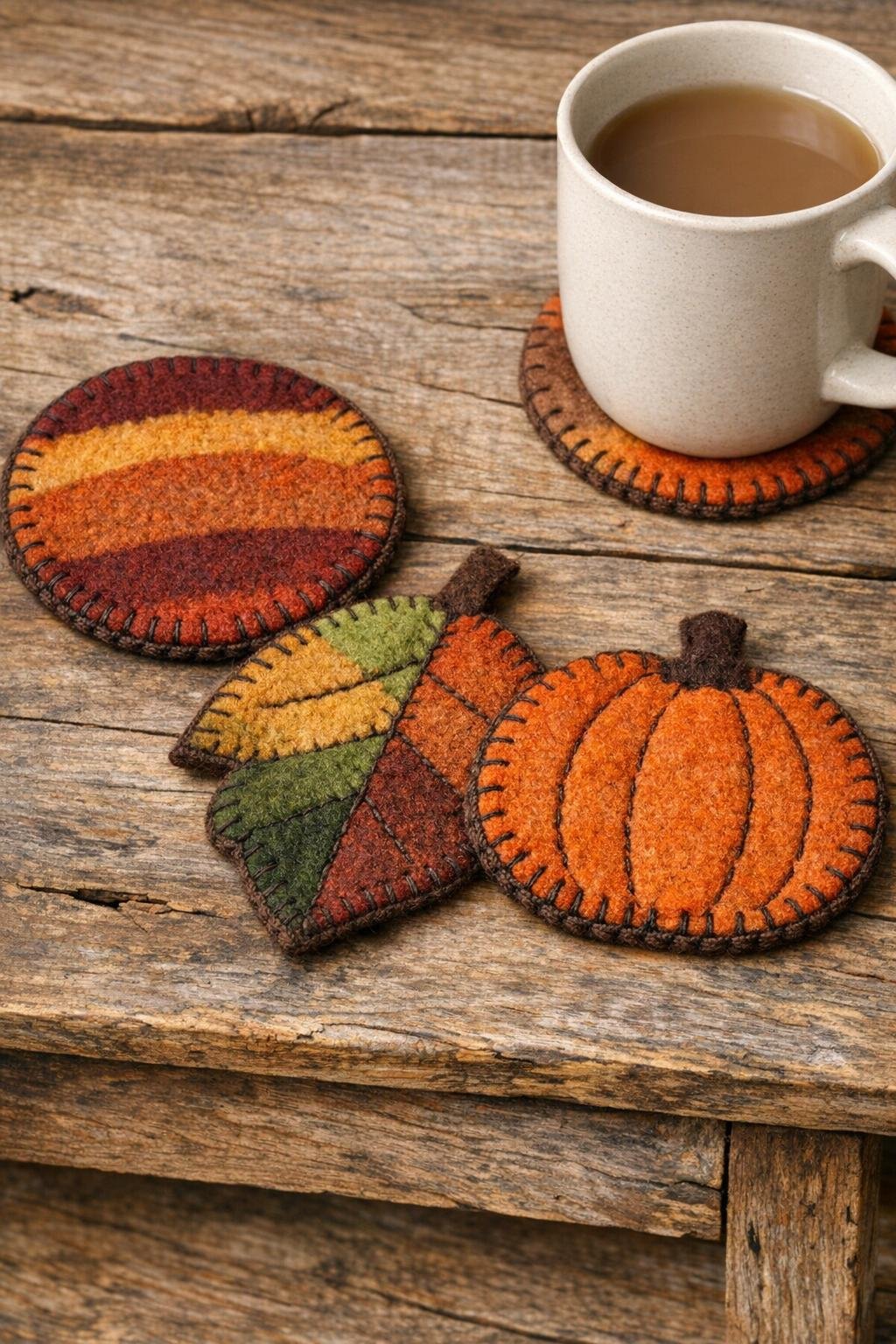 Finished autumn coaster set made from old felted wool mittens