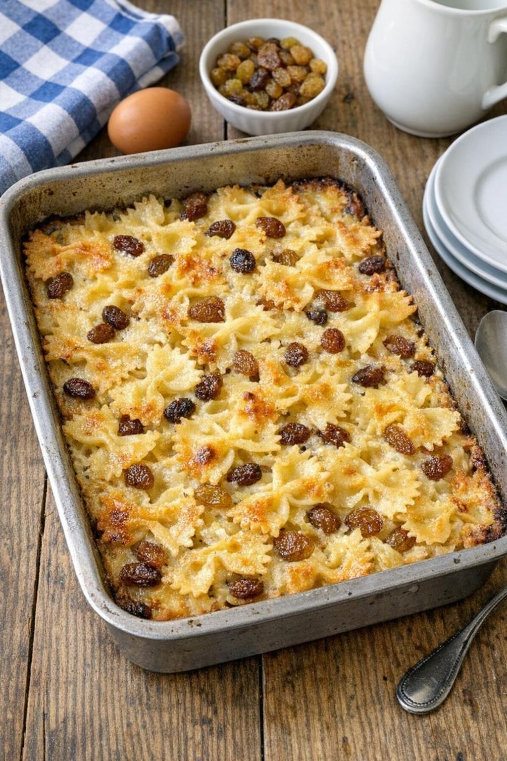 Finished sweet baked bow tie pasta dessert